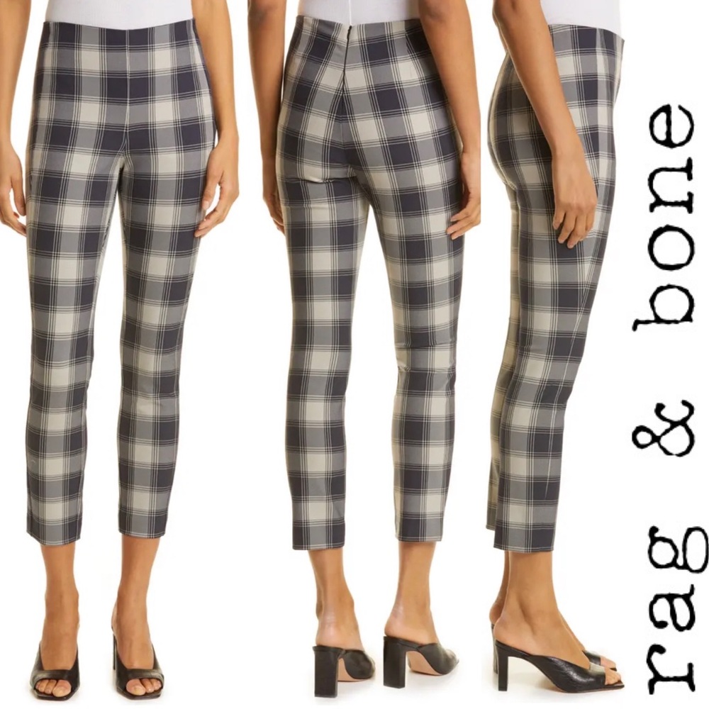 NWT Rag & Bone $325 Simone Black Gray Plaid Check Skinny Leg Ankle Pants, size 0